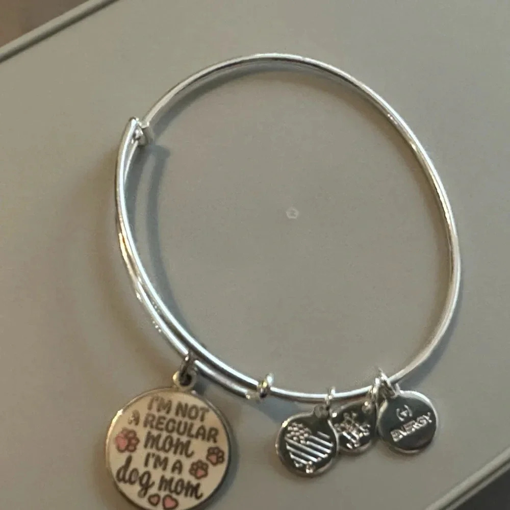 Alex and Ani bracelet “I’m not a regular mom, I’m a dog mom” silver tone EUC